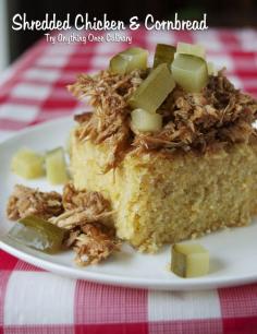 Shredded chicken, sweet cornbread and chopped Farmer's Garden dill pickles are a deliciously comforting sweet and savory combination! #pickles #cornbread #comfortfood #sponsored