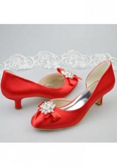 Women's beads bowknot round toe side hollow out satin face low heels red wedding shoes