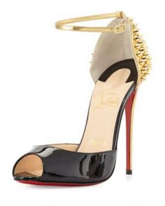 #Christian Louboutin #Pina Spike Red Sole Sandal, Black/Gold #Bergdorf Goodman