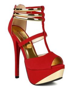 Qupid BB42 Women Nubuck Peep Toe Strappy T-Strap Gold Plating Platform Sandal Pump - Dark Red