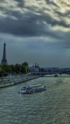 river, bank, eiffel tower, sky, evening, france, paris, hdr