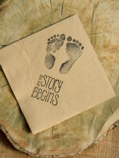 The Story Begins Baby Shower Footprints Light Burlap Cocktail Napkins Gender Neutral Baby Girl or Baby Boy- Set of 50