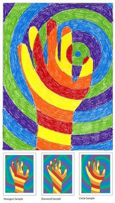 warm hand colors, cool background colors. They trace their hands onto circle background and then color. Great illustration for our being the hands and feet of God while teaching about color theory.