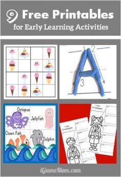 9 sets free printables for early learning activities: counting, math, alphabet, hand writing, science, ... #ece #printable