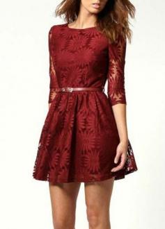 Elegant Red Round Neck Three Quarter Sleeve Mini Dress