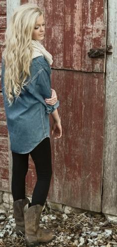 Great look with denim, leggings & cowboy boots. Somehow looks more chic & not just country.