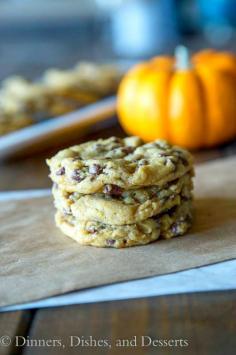 Chewy Pumpkin Chocolate Chip Cookies - thick and chewy!!  NOT Cakey!