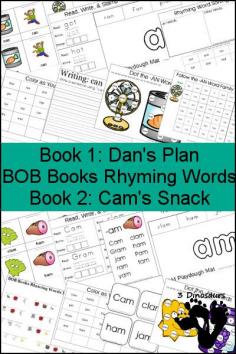 Early Reading Printables: BOB Books Rhyming Words Books 1 & 2 -- -AN & -AM Word Families - 3 part cards, cube flashcards,  playdough mats, and more - 3Dinosaurs.com