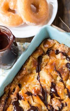 Krispy Kreme Bread Pudding with Chocolate Sauce. Stale doughnuts never tasted so good!