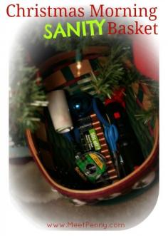 Christmas Morning SANITY Basket - No more trying to find scissors, batteries and other odds and ends you need. Fabulous idea for keeping everything together and under the tree. Check the comments for more ideas! Via Meet Penny