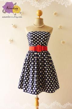 Summer Pin up Dress Chic Polka Dot Dress Navy White Dot Full Skirt Strapless Retro Dress  -Size S- on Etsy, $40.00