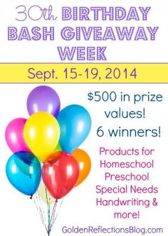 $500 worth of prizes, 6 winners for amazing products for homeschool, preschool, handwriting, special needs, and sensory! Sept. 15-19.