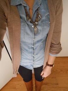 Denim shirt under cardigan with a statement necklace, leggings, boots.