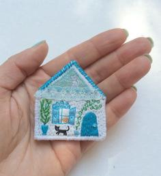 Pet Brooch - "The Cat house" - hand embroidered textile jewelry by makiko_at, via Flickr