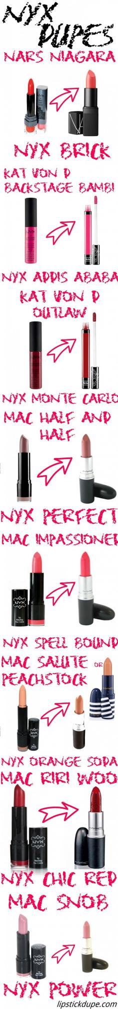 NYX Dupes Part 2! MAC, NARS, Kat Von D...  #dupe #dupes #macdupes www.lipstickdupe.com