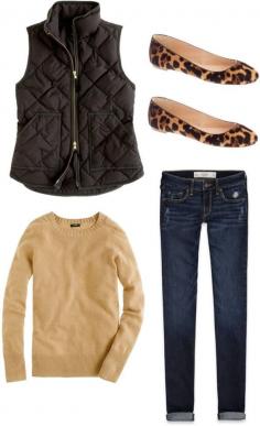 Fall outfit, camel tan sweater top, black quilted vest, leopard flats, dark denim