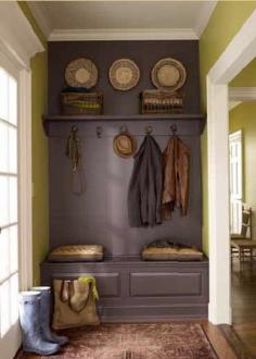 For the laundry room/mud room?  Benjamin Moore Vintage Wine and Wasabi