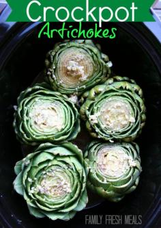 Crockpot Artichokes Here is what you need: - 4-6 large artichokes. ( I have a 6 QT oval crockpot and was able to five 5 large) - 2 cups vegetable broth - 4-6 cloves of garlic, minced - fresh juice from 1 large lemon (about 2 TBS) - 3 TBS olive oil - salt and pepper to taste