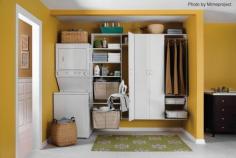 Very organized and spacious laundry room in a renovated basement. Click on the pin to see how to install a basement laundry sink. #laundryroom #organization