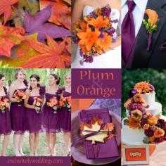 Plum & orange wedding colors, autumn wedding colors. This is pretty much the perfect color palette. I also like the plum and grey in the blog