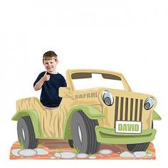 Our Safari Jeep Photo Standee has the look of a tan jeep with a personalized license plate in the front. Put church name on plate.