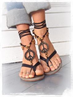 PEACE sign BAREFOOT sandals Black and Gold Gypsy Sandals