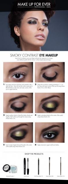 Smoky Contrast Eye Makeup - use this technique to give the illusion of a larger, more round and defined eye.  #HowTo courtesy of #Makeupforever #Sephora #makeuptutorial #smokyeye
