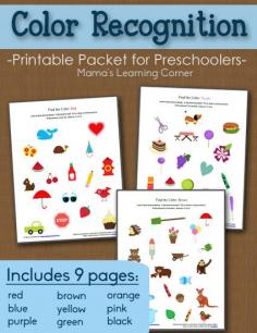 Preschool Color Recognition Packet - 9-page free  printable set