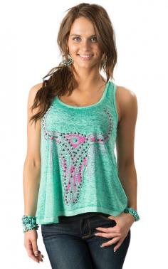 Rock and Roll Cowgirl Women's Turquoise with Pink Steer Skull and Stud Racer Back Burnout Tank Top
