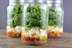 Easy Greek Salad in Mason Jars - Prep ahead of time and take to work.  Dressing goes at the bottom so the greens don't wilt or get soggy.