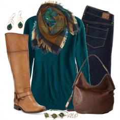 Sweater, Scarf, and Boots - Peacock for Fall, created by amy-phelps on Polyvore
