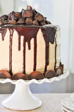 The Ultimate Peanut Butter Cup Chocolate #Cake recipe - #Chocolate cake frosted with creamy peanut butter frosting, topped with a silky chocolate ganache and TONS of peanut butter candies.