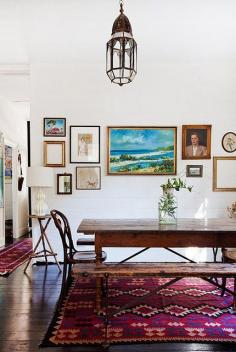 Dining room, gorgeous rug! also love the gallery wall