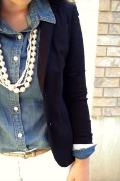 Chambray Oxford, navy blazer and chunky pearls