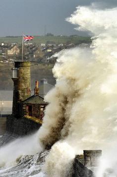 Huge waves engulf Whitehaven harbour in Cumbria on Thursday morning as gale-force winds cause havoc throughout the country