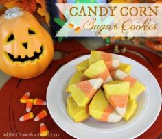 Candy Corn Sugar Cookies at ALittleClaireific... #Recipe #Halloween #Cookies
