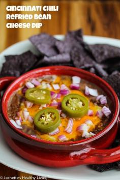 Perfect for Game Day! Cincinnati Chili Refried Bean Cheese Dip © Jeanette's Healthy Living #GameDayFood #appetizer #snack #healthyrecipe #glutenfree #healthysnacks #cleaneating #healthyrecipes #protein