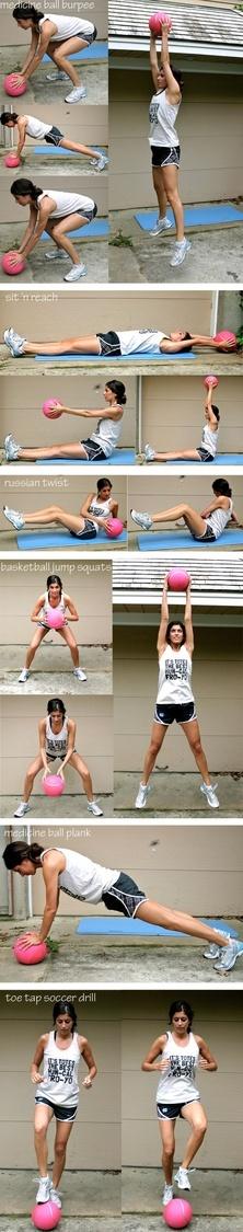 Health and Wellness / Medicine Ball Interval Workout- 6 moves, 50 seconds each--> x 5. Looks fun!