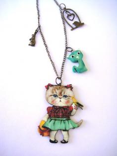 Crazy cat lady with her kitten and birds. kitten by mayasfairytale, $29.50