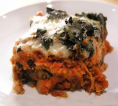 No Fry Eggplant Parmesan - so much lighter and so delicious - with a rich thick tomato sauce and topped with spinach.
