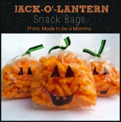 Cute little Snack-O-Lanterns what a simple, inexpensive treat for kids...especially if they have to provide a treat for their classmates! Cheerios, a black Sharpie, black closure and sandwich baggies!!