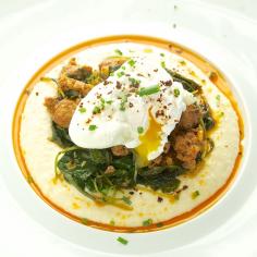 Gouda Grits with Chourico Kale and a Poached Egg - Oui, Chef