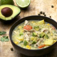 Colombian Chicken Soup - Creamy and comforting with no cream. The broth is thickened with corn and potatoes.