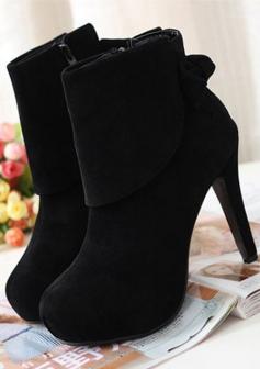 Women's revers bowknot side zipper round toe suede high heels ankle boots online - vessos.com