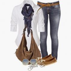 Stylish scarf, white shirt, jeans, hand bag and shoes for fall
