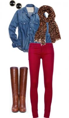 Animal print scarf, button front jean shirt, red skinny jeans for pop of color & brown leather knee boots. Sweet combo!
