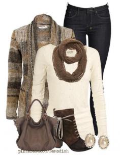 a little more sophisticated dark jeans, cream long sleeve, brown toned cardigan, scarf and accessories