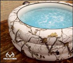 This is Realtree Snow Camo lightweight portable hot tub with 88 jets and can heat up to 104 Degrees Fahrenheit. Will be available Sep. 25th. #Realtreegear