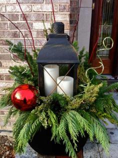 Large lantern with evergreen, wonderful winter urn!