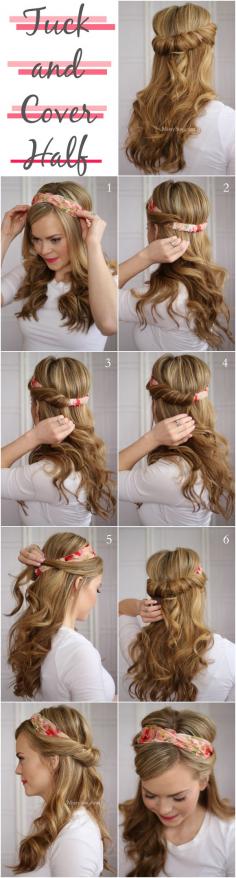 Tuck and Cover Half up hairstyle, the perfect way to your favorite headband!:: Pin Up Hair:: Vintage hairstyles:: retro headband:: Half up half down